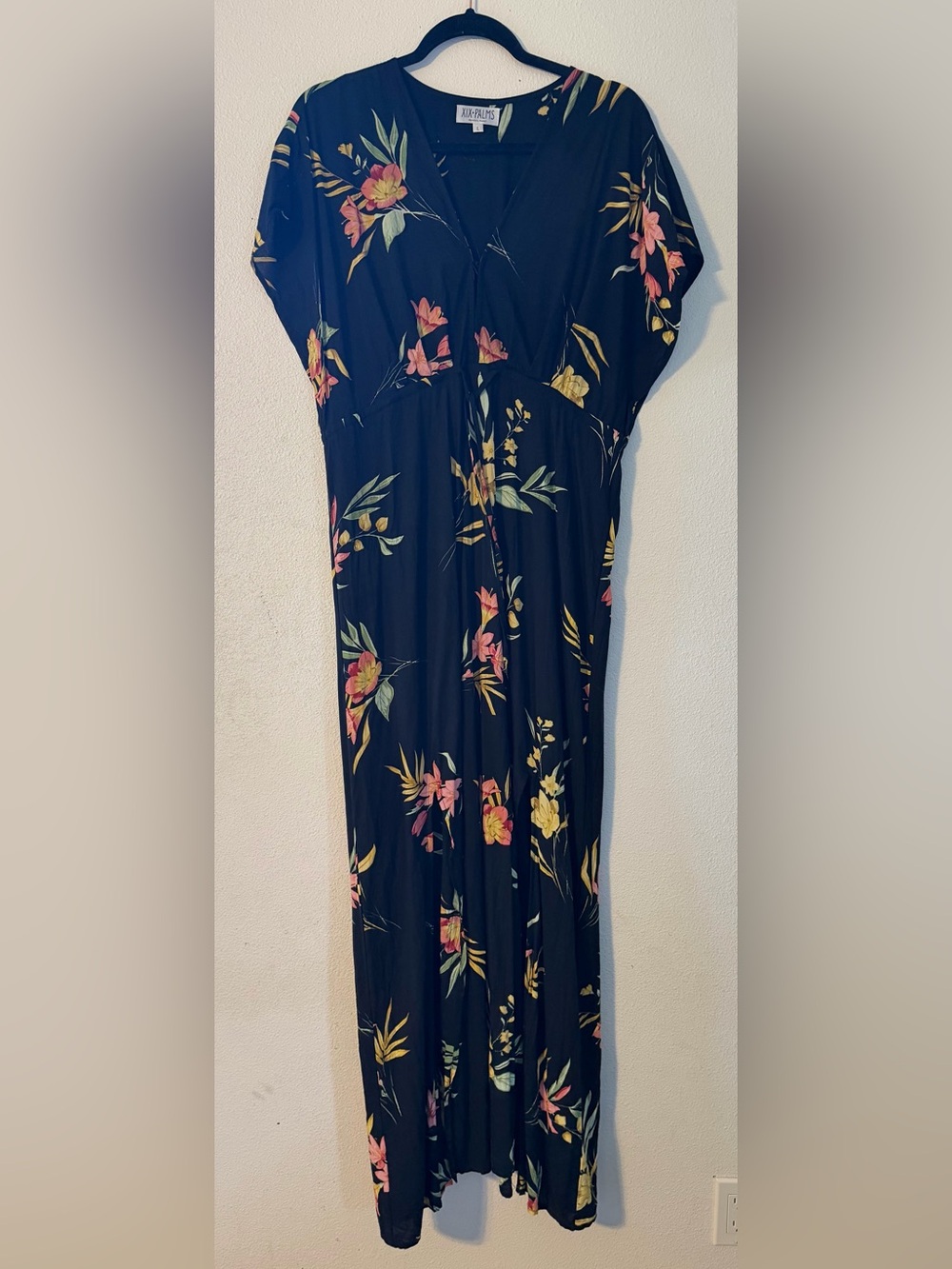 XIX Palms Floral Black Maxi Dress with Pink & Yellow Blooms